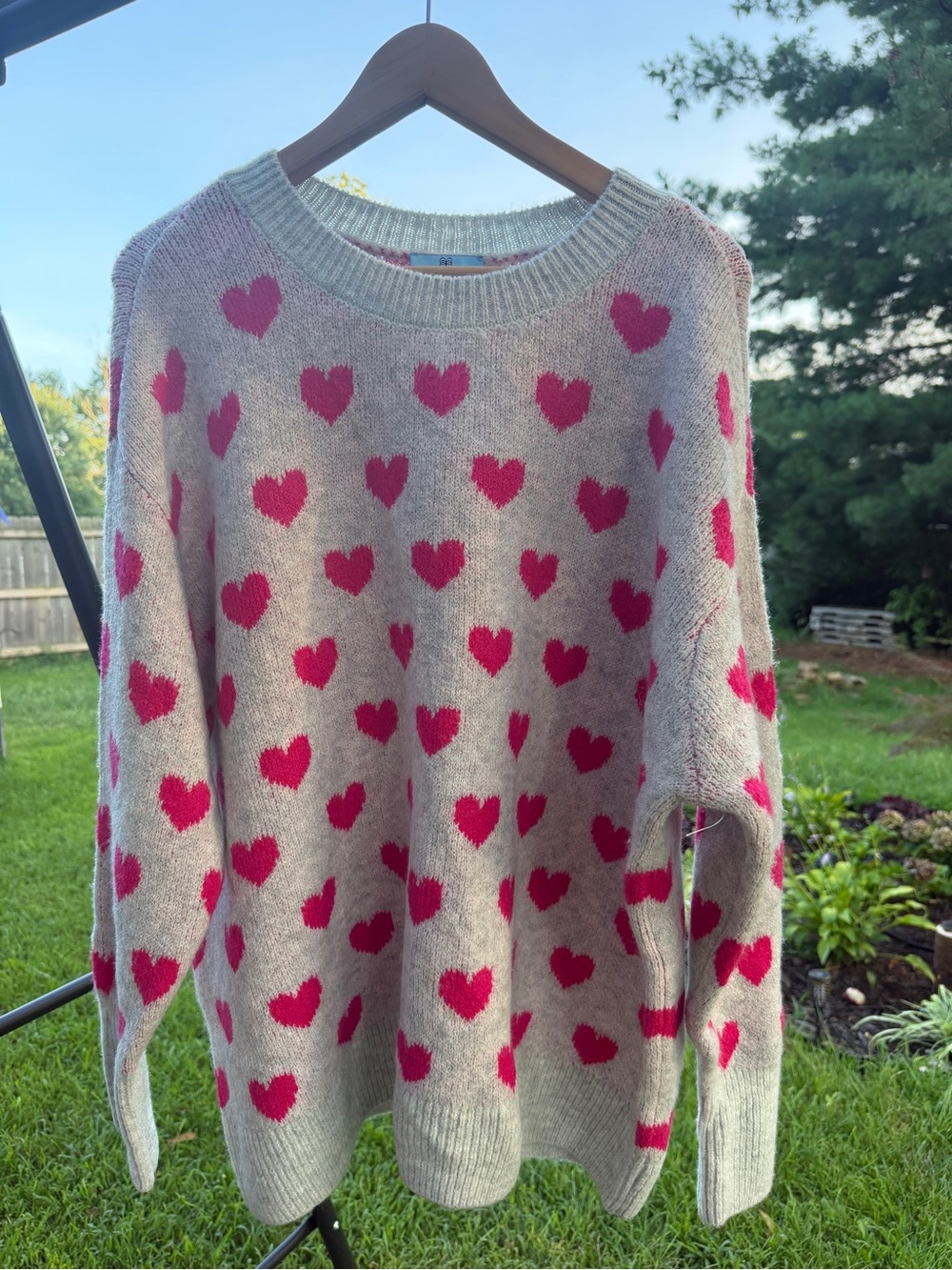 CeCe Pink Heart Pattern Knit Sweater Size 1X Grey Oversized Valentine Pullover